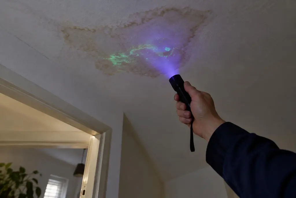 Lekdetectie Almere – kleurstof controleren op het plafond met uv-licht