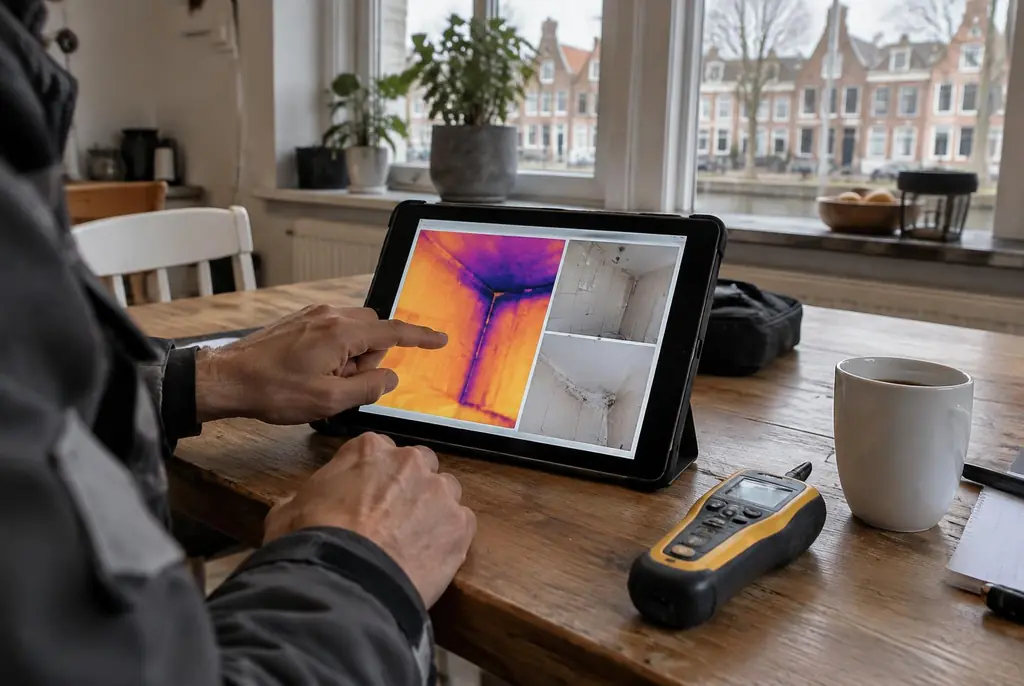 Lekdetectie Almere – lekdetectierapport met warmtebeelden en foto's op een tablet