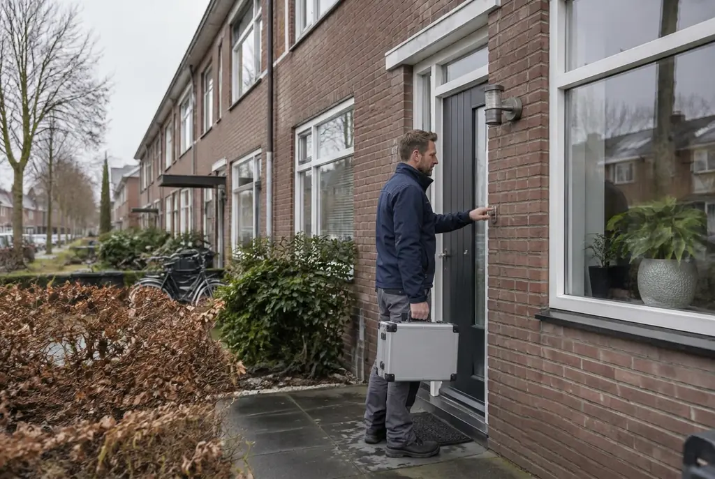 Lekdetectiespecialist met meetkoffer bij de voordeur van een woning in Almere