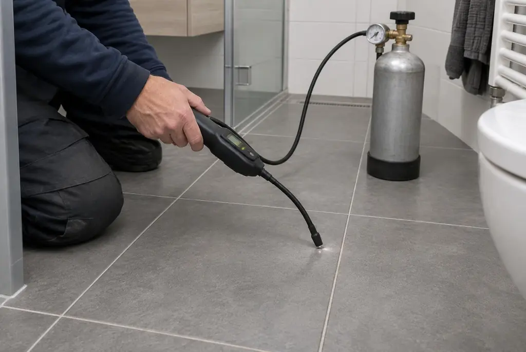 Lekdetectie Almere – technicus spoort met tracergas een lekkage op in de vloer